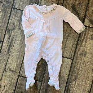 Burberry light pink footie outfit with plaid detail.